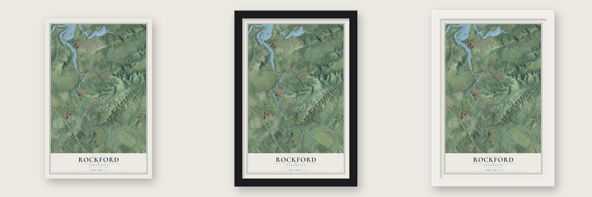 Rockford, Tennessee map unframed, in a black wood frame and in a white wood frame