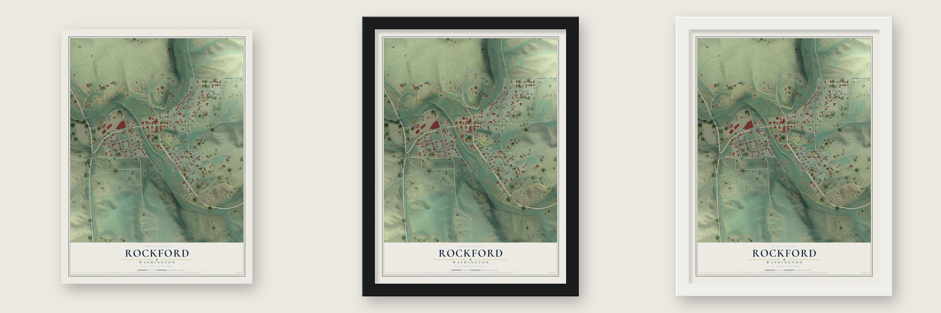 Rockford, Washington map unframed, in a black wood frame and in a white wood frame