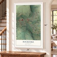 Rockford, Washington map, 24 x 36 inch print in a white frame by a staircase