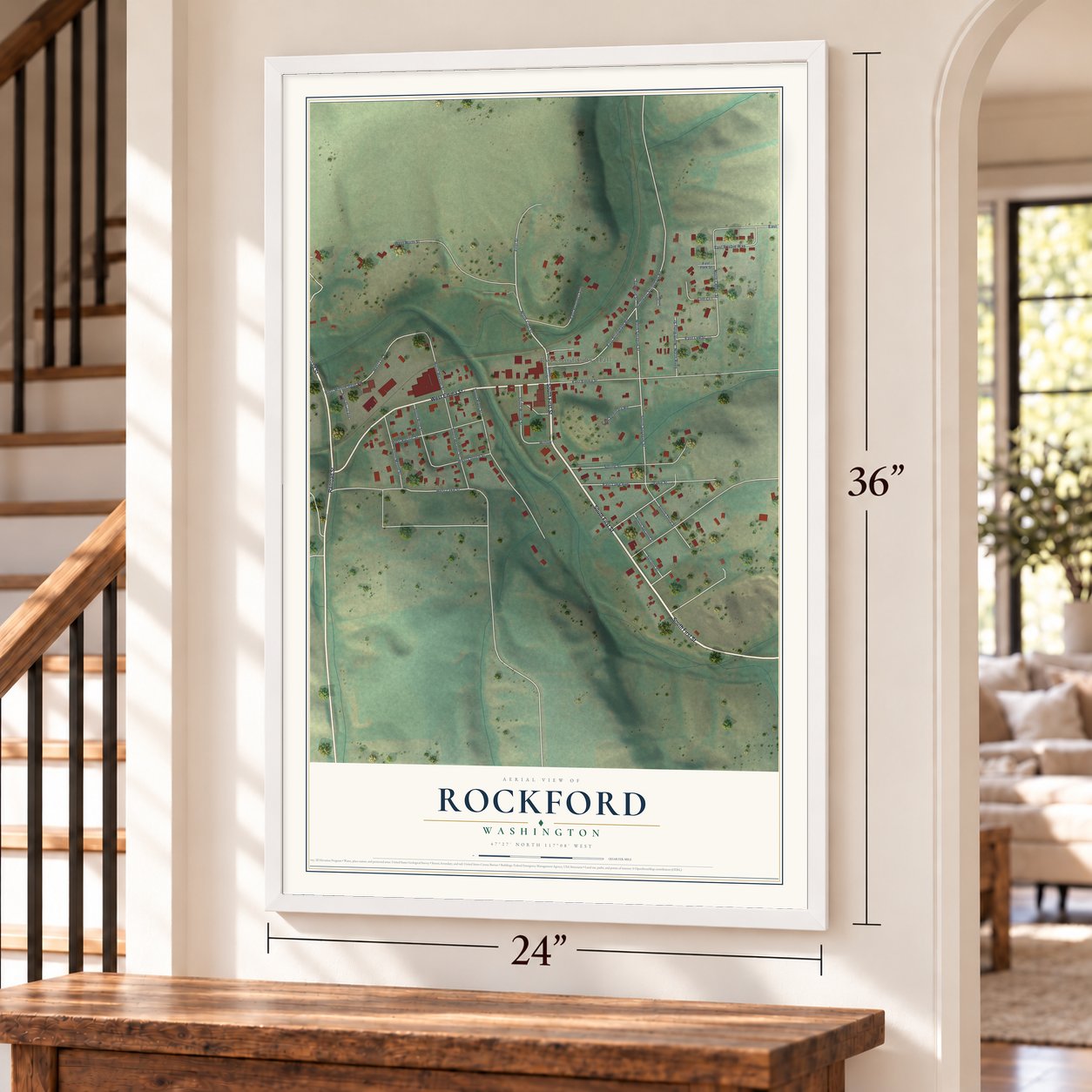 Rockford, Washington map, 24 x 36 inch print in a white frame by a staircase