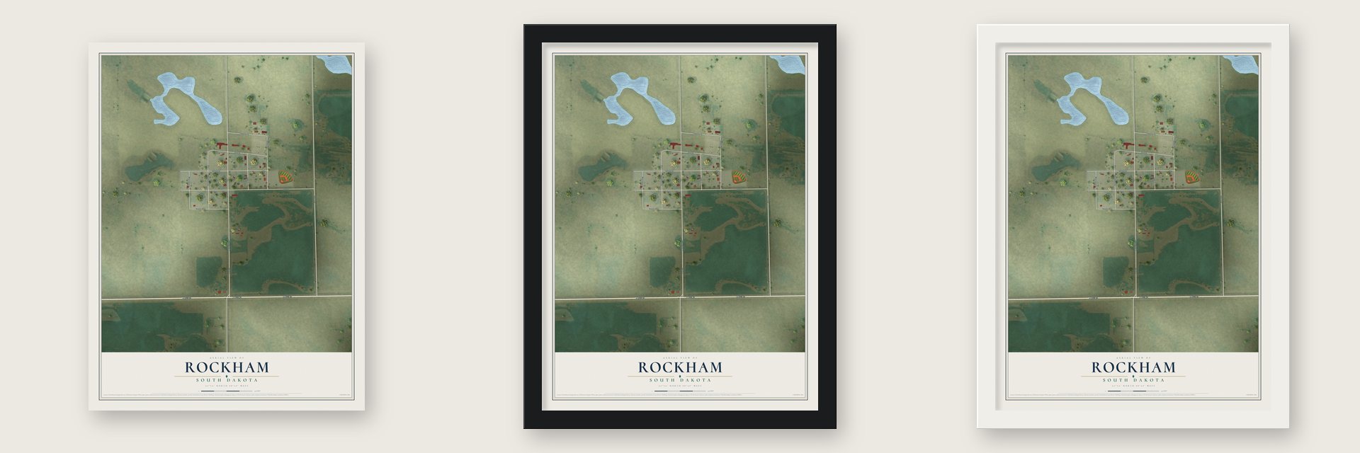 Rockham, South Dakota map unframed, in a black wood frame and in a white wood frame
