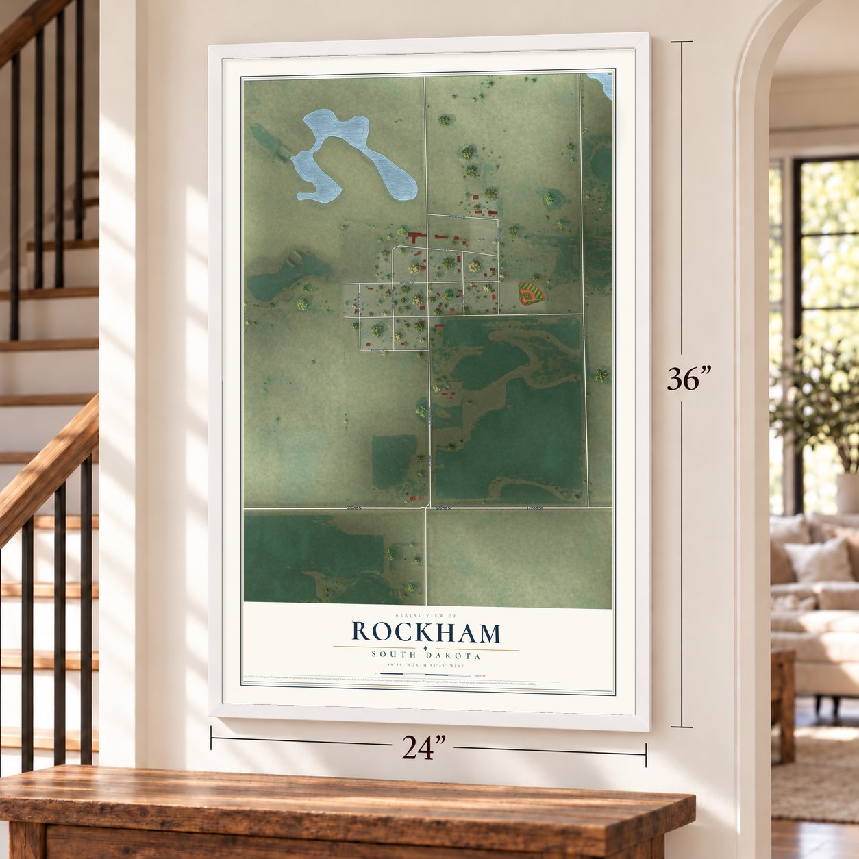Rockham, South Dakota map, 24 x 36 inch print in a white frame by a staircase