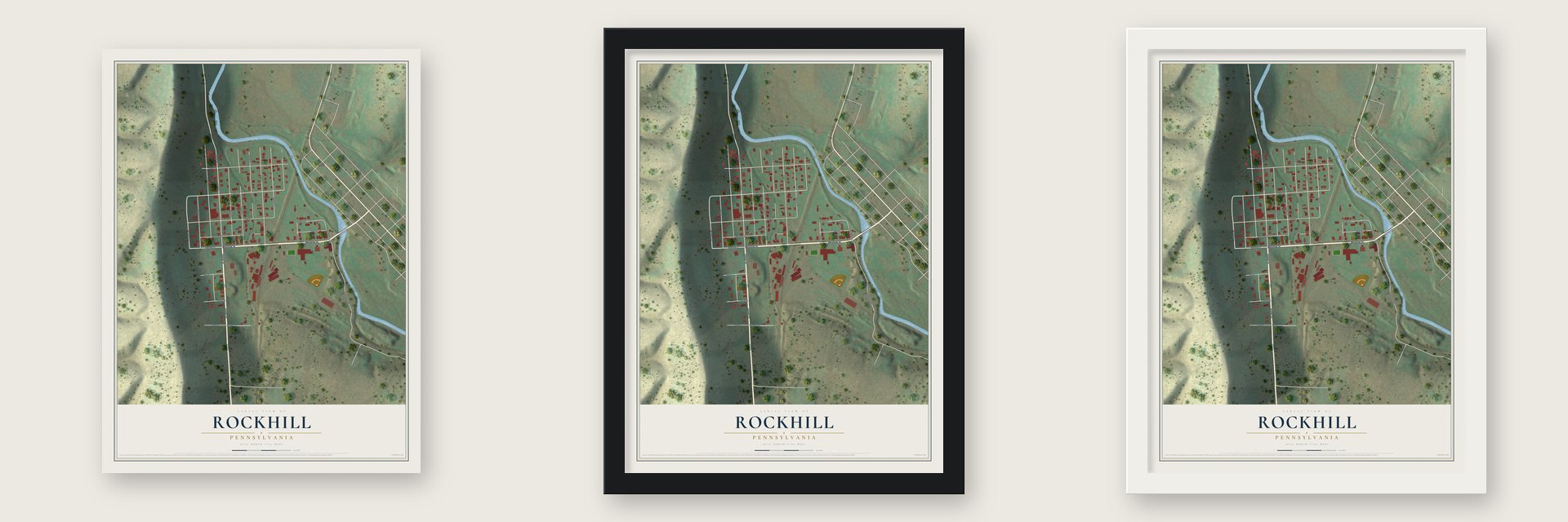 Rockhill, Pennsylvania map unframed, in a black wood frame and in a white wood frame