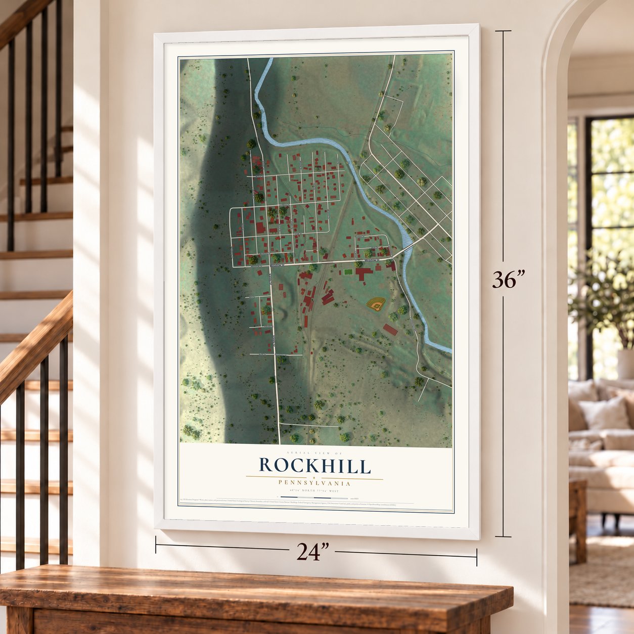 Rockhill, Pennsylvania map, 24 x 36 inch print in a white frame by a staircase