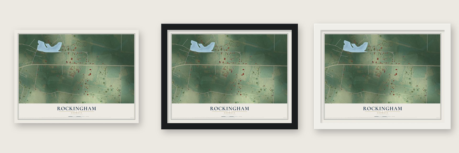 Rockingham, Georgia map unframed, in a black wood frame and in a white wood frame