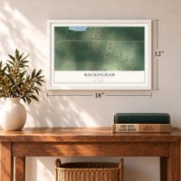Rockingham, Georgia map, 12 x 18 inch print in a white frame in an entryway