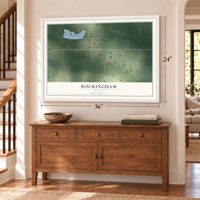 Rockingham, Georgia map, 24 x 36 inch print in a white frame above a dresser by a staircase