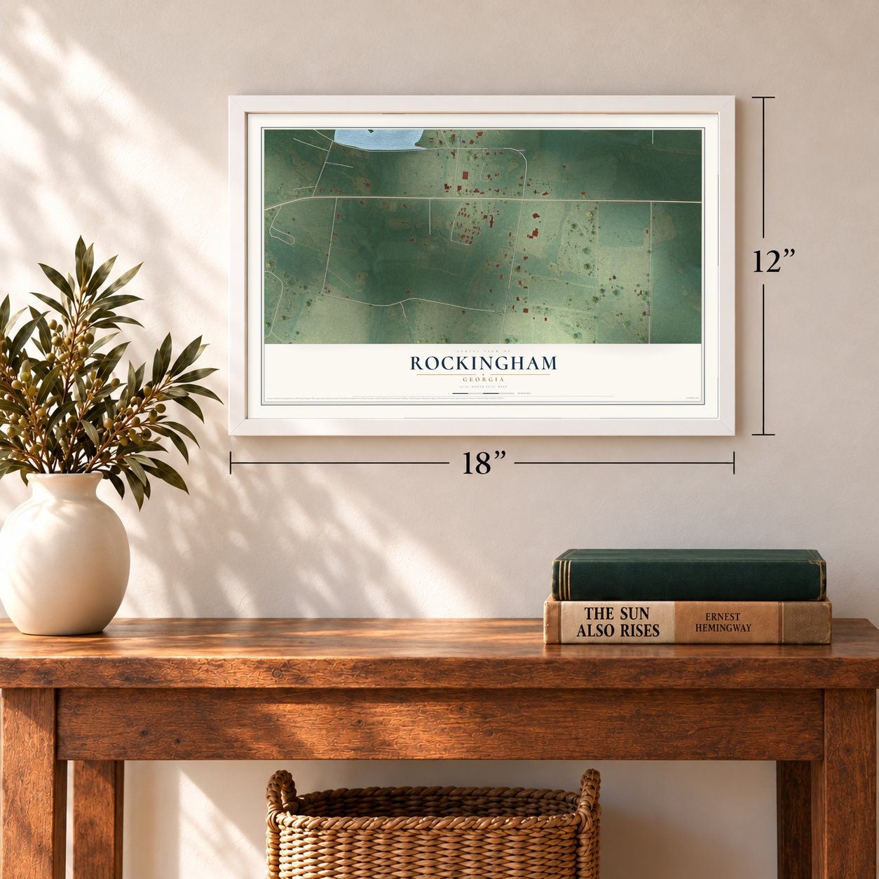 Rockingham, Georgia map, 12 x 18 inch print in a white frame in an entryway