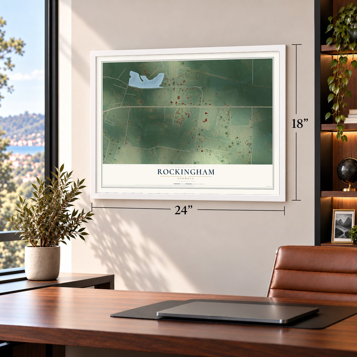 Rockingham, Georgia map, 18 x 24 inch print in a white frame in a home office