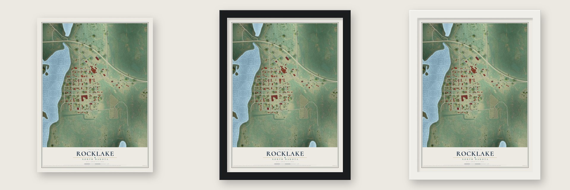 Rocklake, North Dakota map unframed, in a black wood frame and in a white wood frame