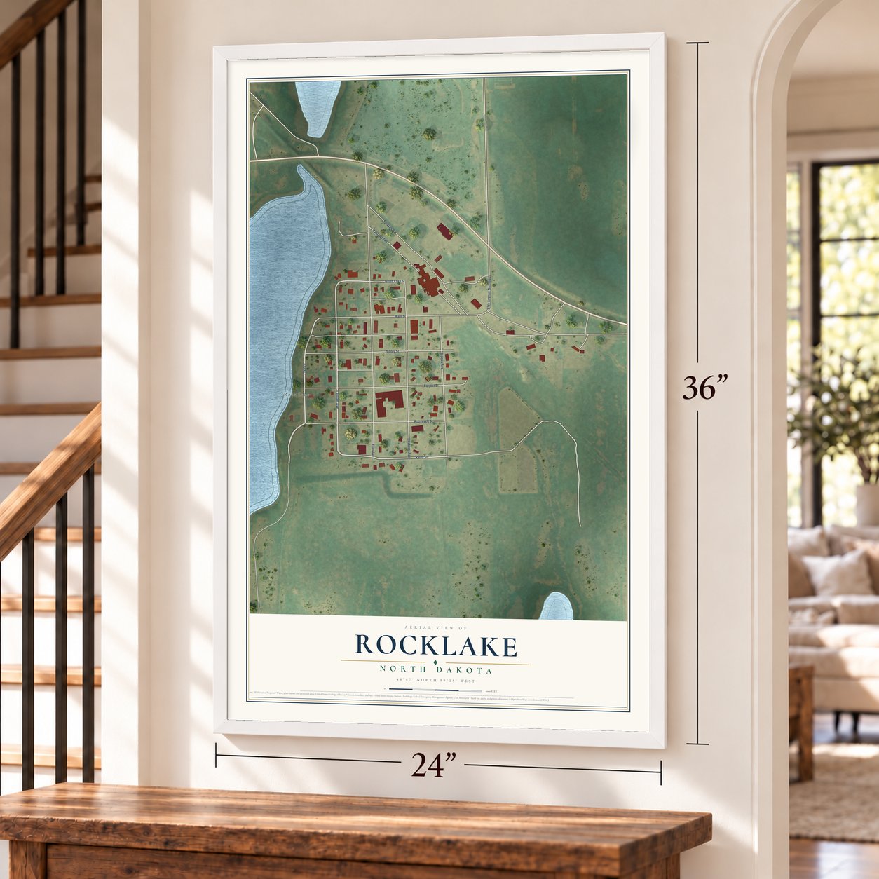 Rocklake, North Dakota map, 24 x 36 inch print in a white frame by a staircase