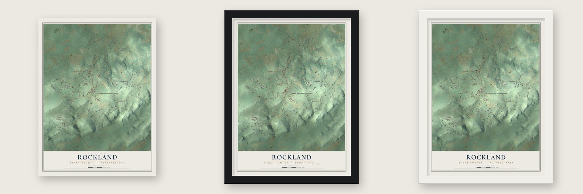 Rockland, Berks County, Pennsylvania map unframed, in a black wood frame and in a white wood frame