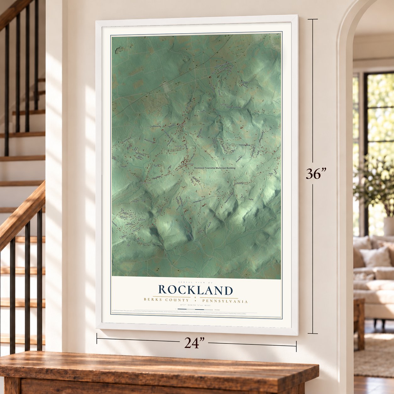 Rockland, Berks County, Pennsylvania map, 24 x 36 inch print in a white frame by a staircase