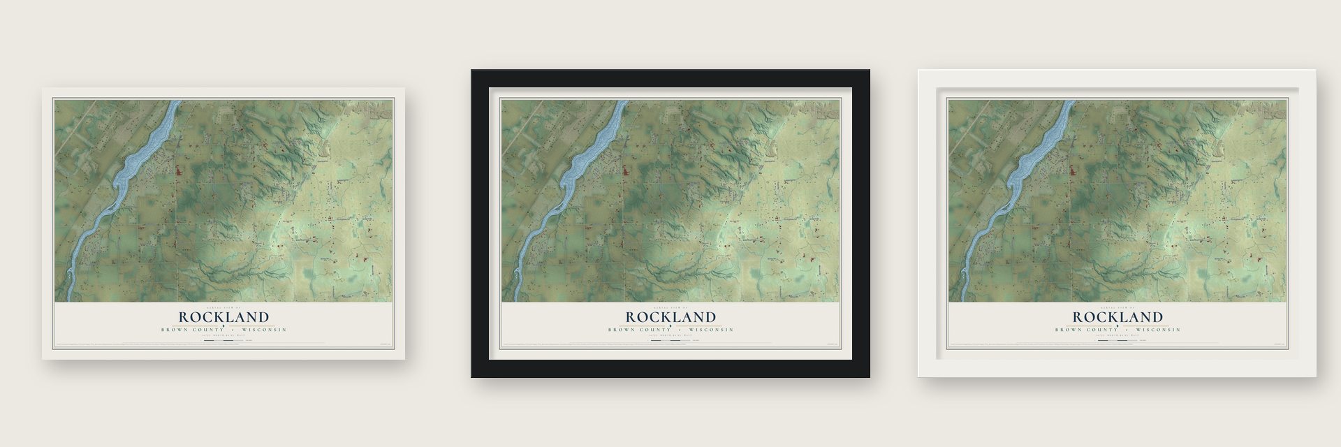 Rockland, Brown County, Wisconsin map unframed, in a black wood frame and in a white wood frame