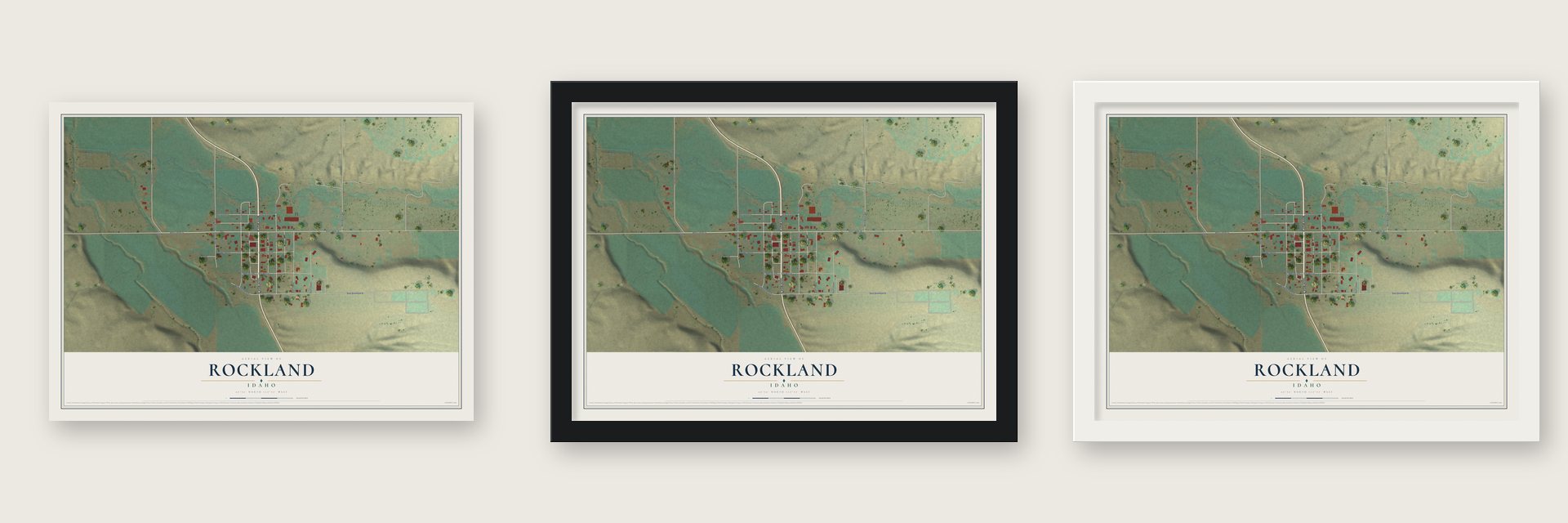 Rockland, Idaho map unframed, in a black wood frame and in a white wood frame