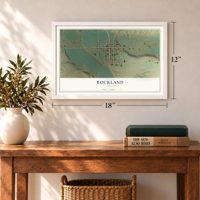 Rockland, Idaho map, 12 x 18 inch print in a white frame in an entryway