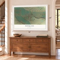 Rockland, Idaho map, 24 x 36 inch print in a white frame above a dresser by a staircase