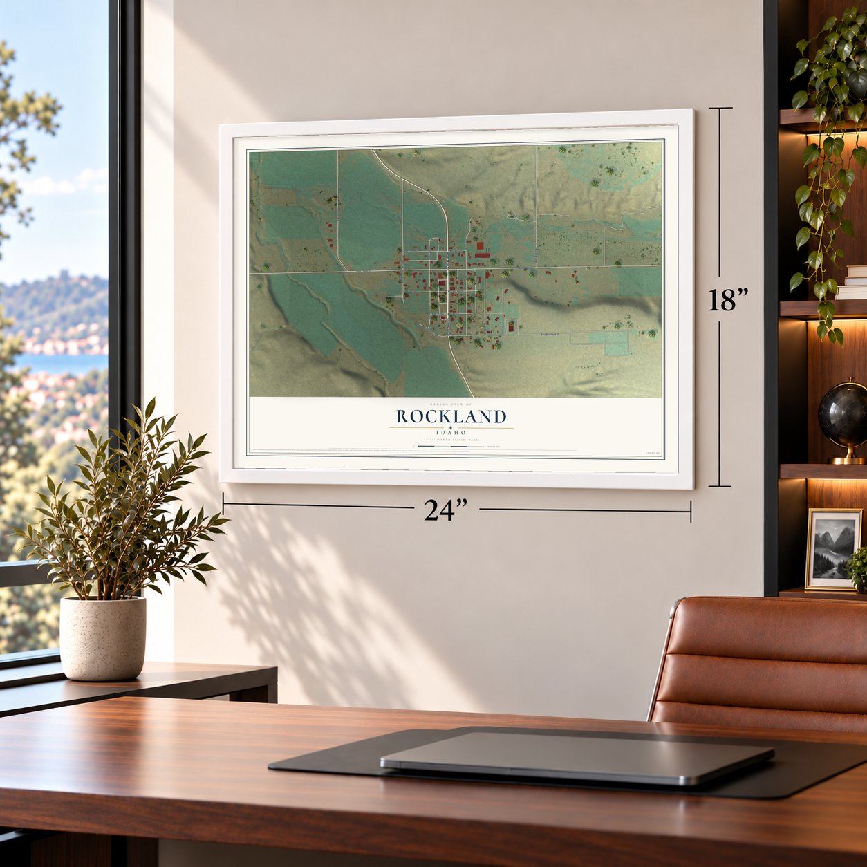 Rockland, Idaho map, 18 x 24 inch print in a white frame in a home office