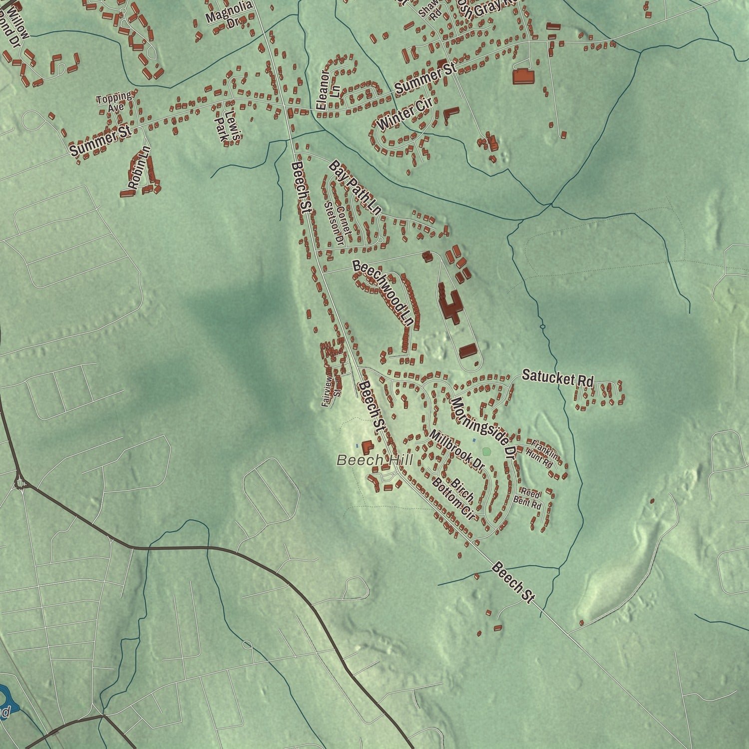 Close-up of the map of Rockland, Massachusetts print showing terrain and local geography