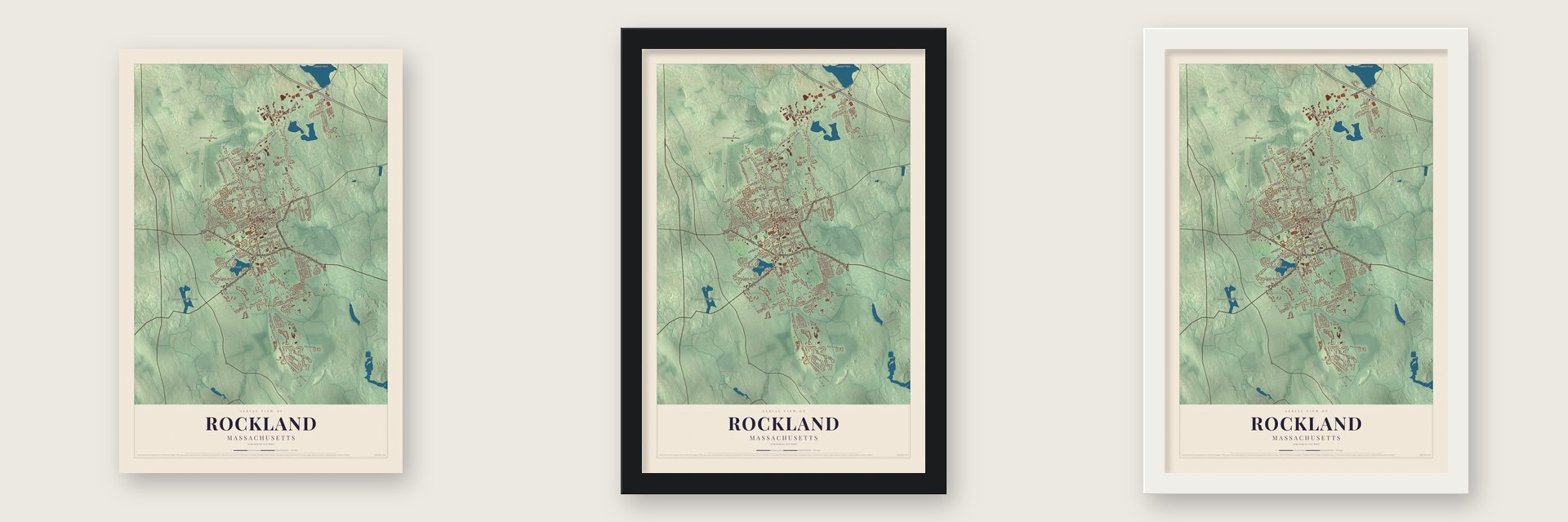 Rockland, Massachusetts map unframed, in a black wood frame and in a white wood frame