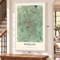 Rockland, Massachusetts map, 24 x 36 inch print in a white frame by a staircase