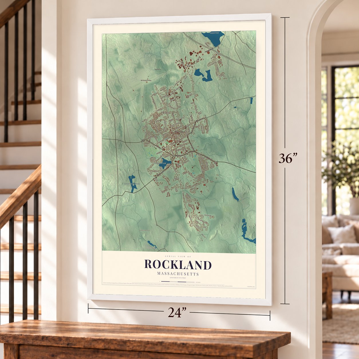 Rockland, Massachusetts map, 24 x 36 inch print in a white frame by a staircase