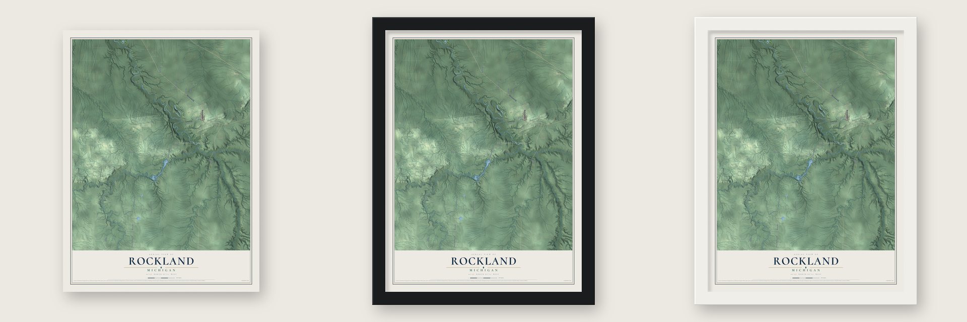 Rockland, Michigan map unframed, in a black wood frame and in a white wood frame