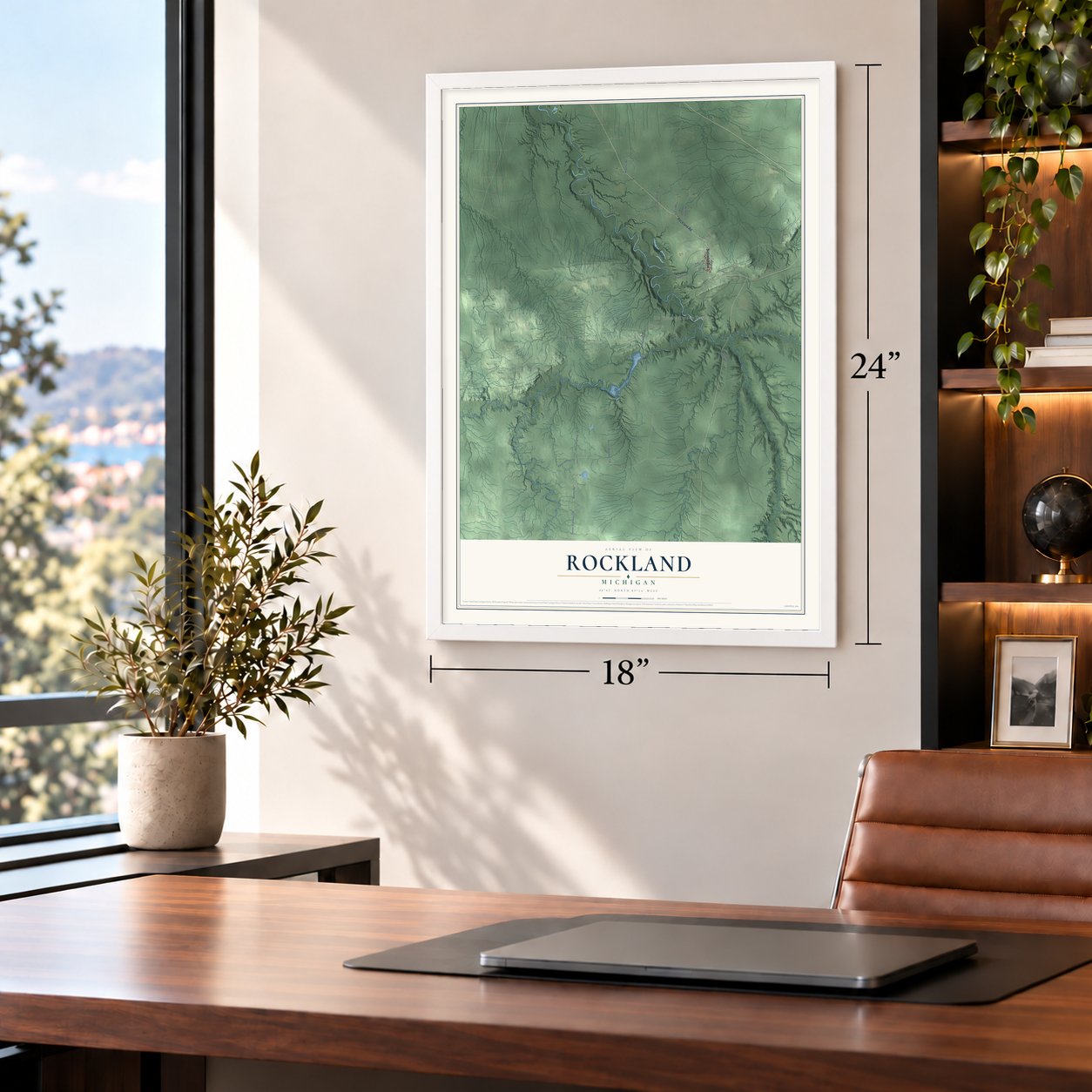 Rockland, Michigan map, 18 x 24 inch print in a white frame in a home office