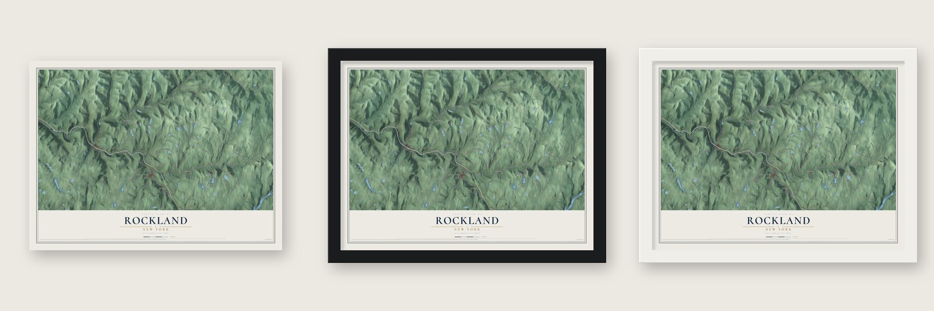 Rockland, New York map unframed, in a black wood frame and in a white wood frame