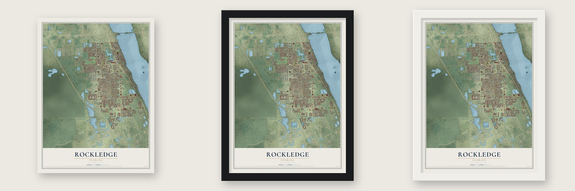 Rockledge, Florida map unframed, in a black wood frame and in a white wood frame