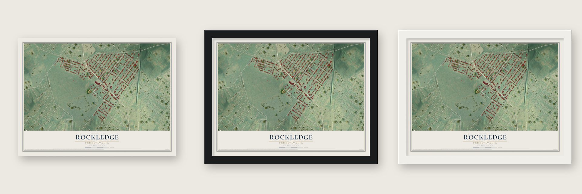 Rockledge, Pennsylvania map unframed, in a black wood frame and in a white wood frame