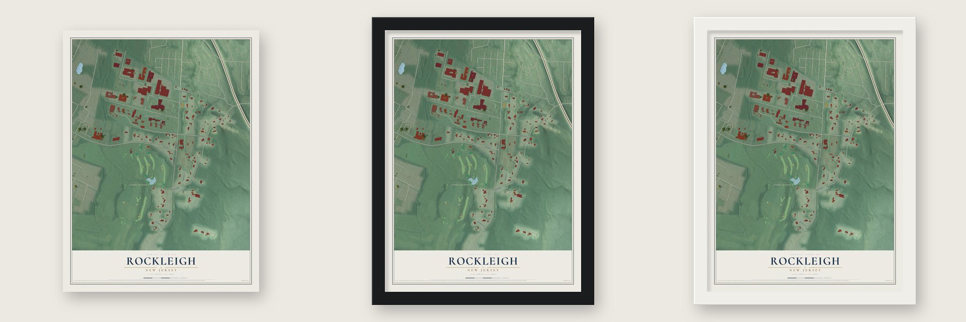 Rockleigh, New Jersey map unframed, in a black wood frame and in a white wood frame