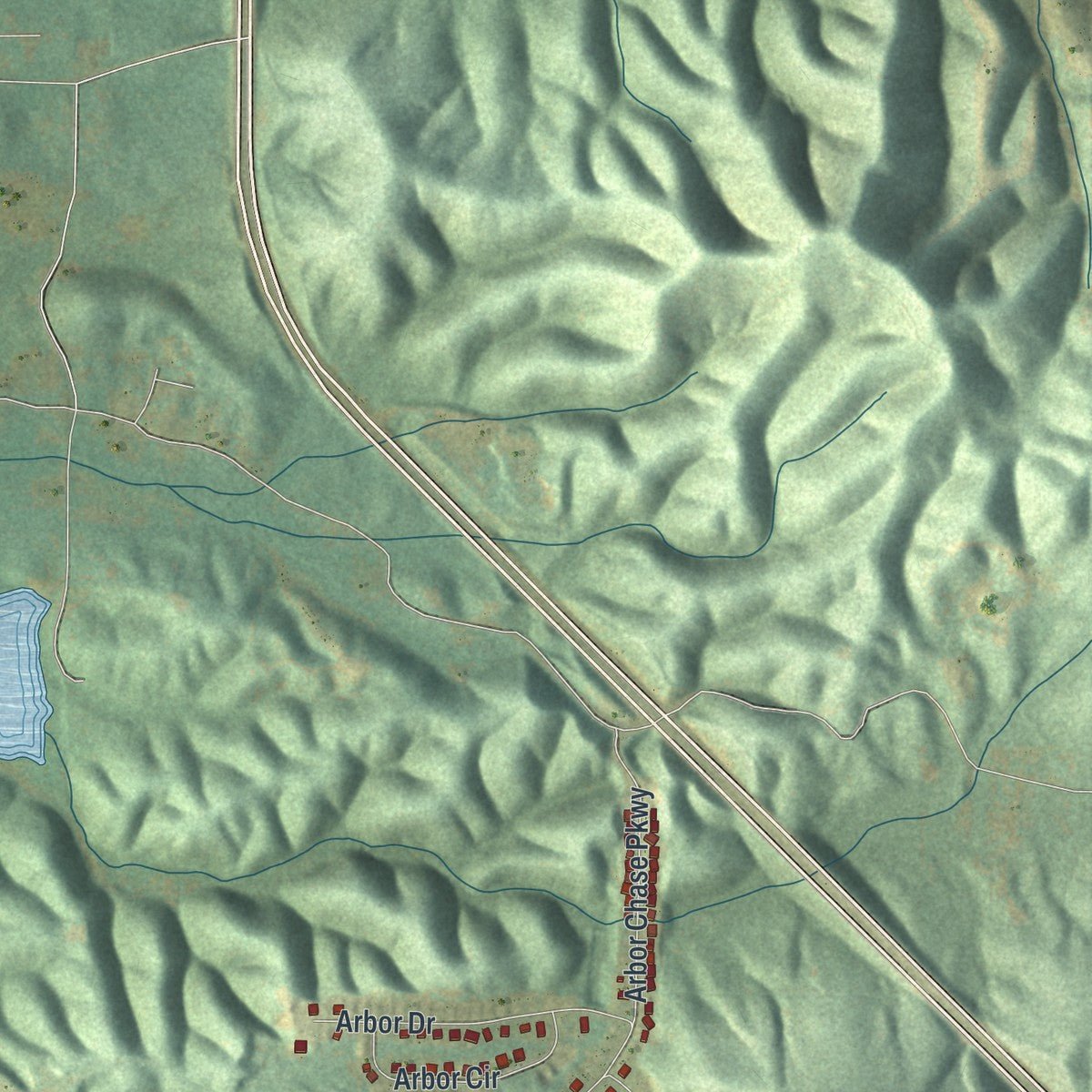 Second close-up of the map of Rockmart, Georgia print showing more streets and buildings