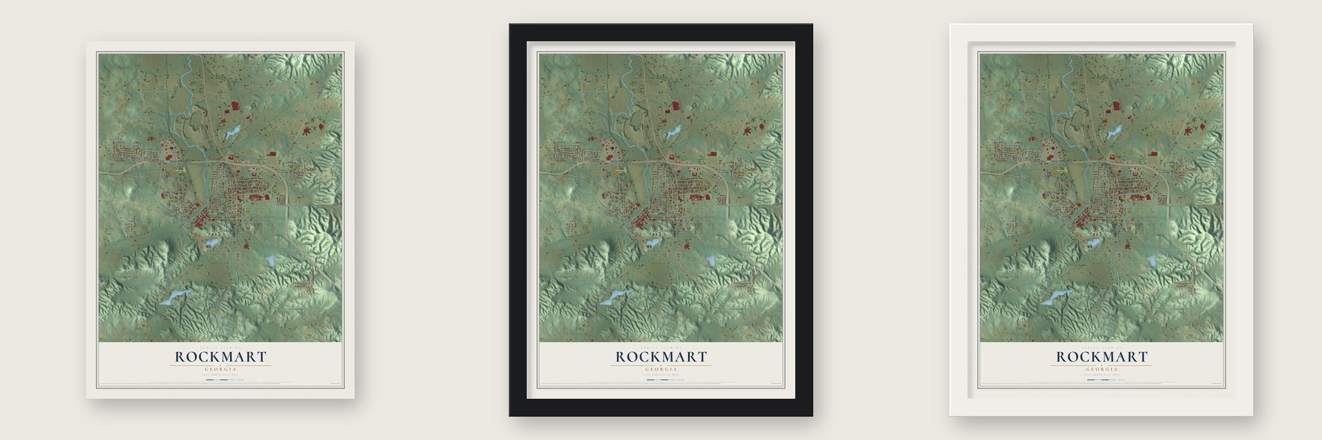Rockmart, Georgia map unframed, in a black wood frame and in a white wood frame