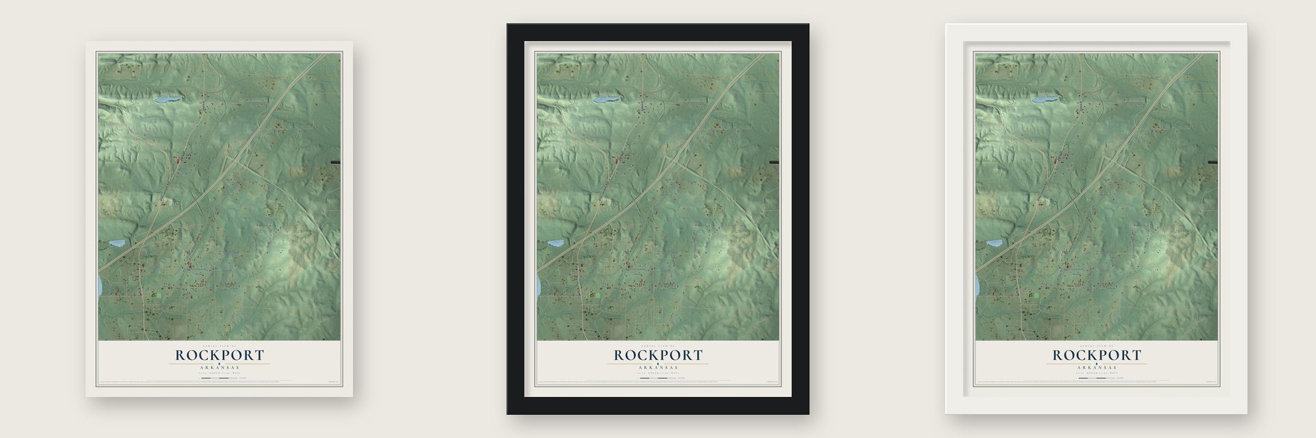 Rockport, Arkansas map unframed, in a black wood frame and in a white wood frame