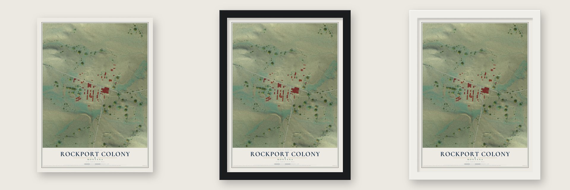 Rockport Colony, Montana map unframed, in a black wood frame and in a white wood frame