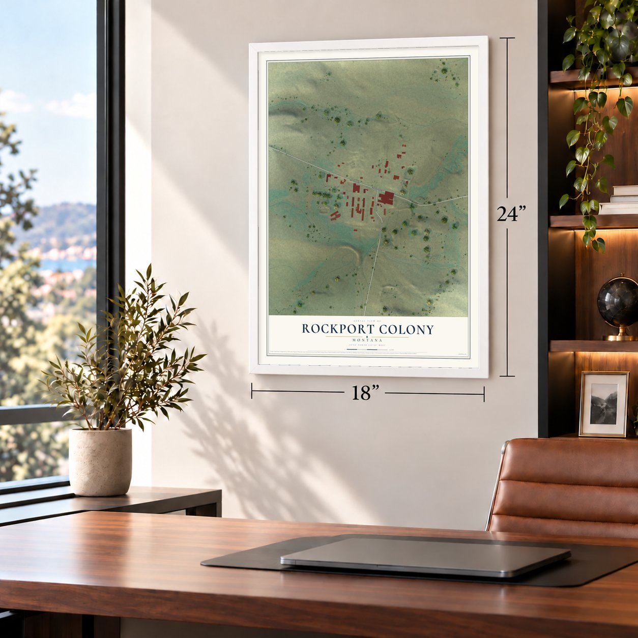 Rockport Colony, Montana map, 18 x 24 inch print in a white frame in a home office