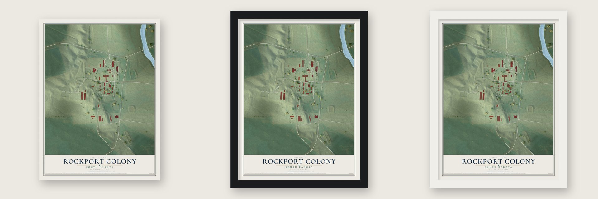 Rockport Colony, South Dakota map unframed, in a black wood frame and in a white wood frame