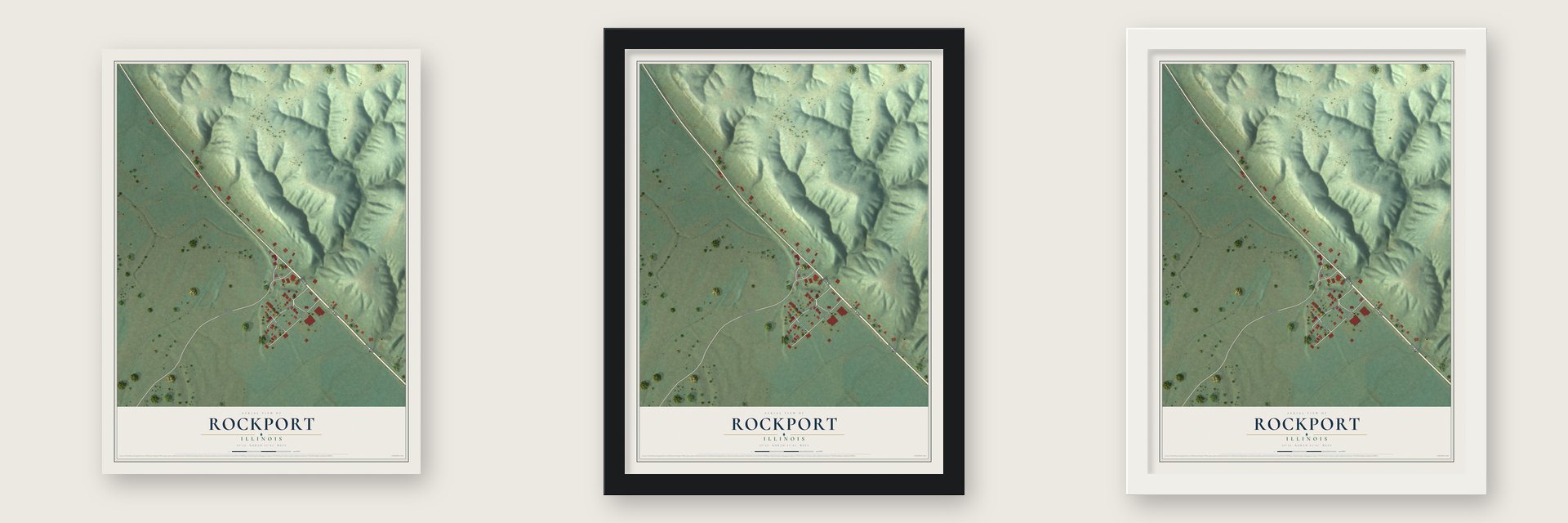 Rockport, Illinois map unframed, in a black wood frame and in a white wood frame