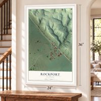 Rockport, Illinois map, 24 x 36 inch print in a white frame by a staircase
