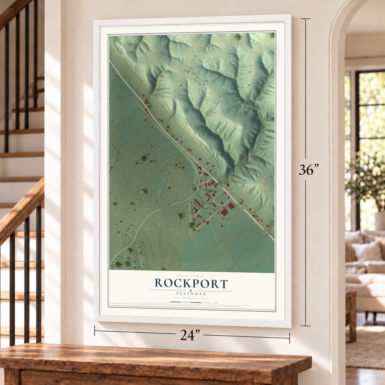 Rockport, Illinois map, 24 x 36 inch print in a white frame by a staircase
