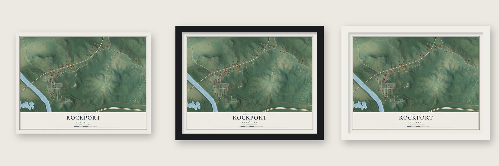 Rockport, Kentucky map unframed, in a black wood frame and in a white wood frame