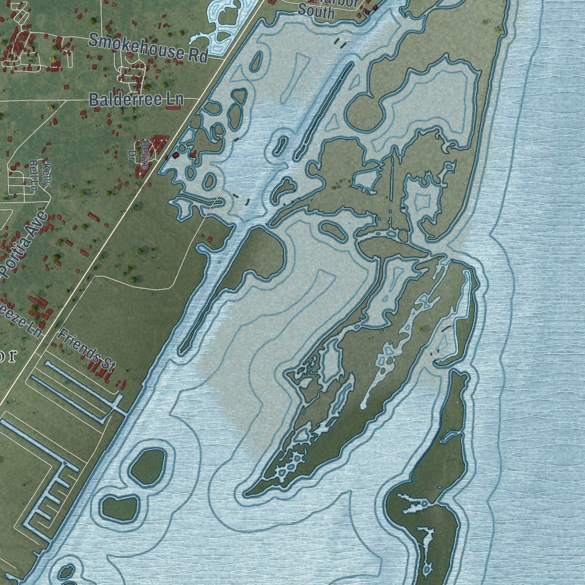 Second close-up of the map of Rockport, Texas print showing more streets and buildings