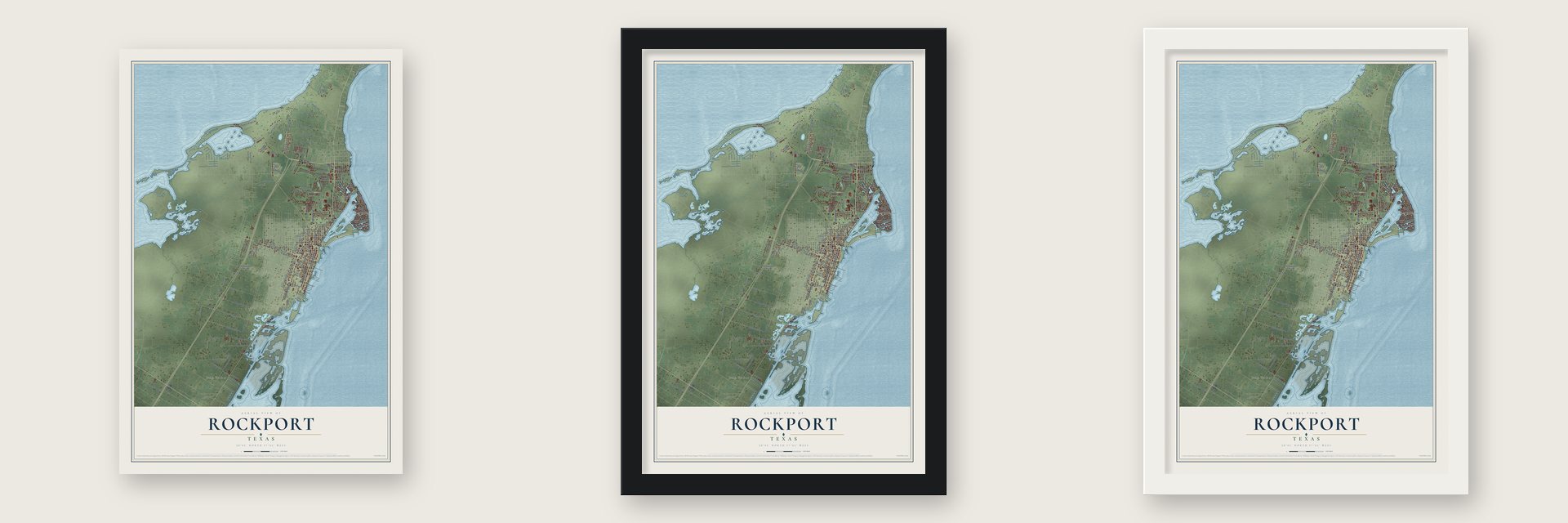Rockport, Texas map unframed, in a black wood frame and in a white wood frame