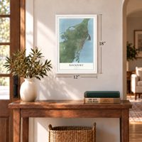Rockport, Texas map, 12 x 18 inch print in a white frame in an entryway