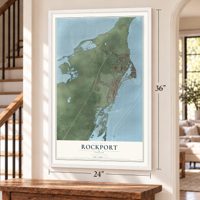 Rockport, Texas map, 24 x 36 inch print in a white frame by a staircase