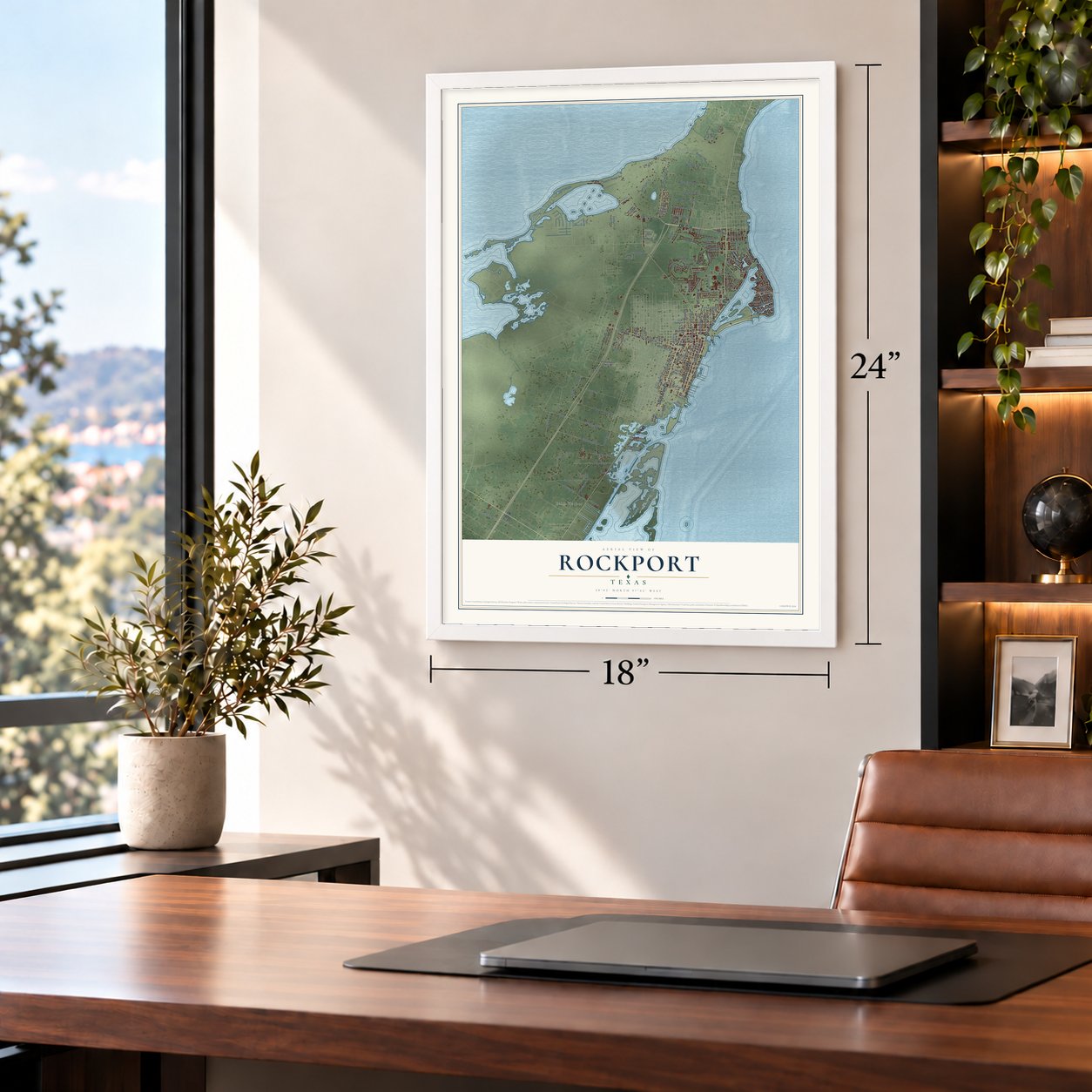 Rockport, Texas map, 18 x 24 inch print in a white frame in a home office