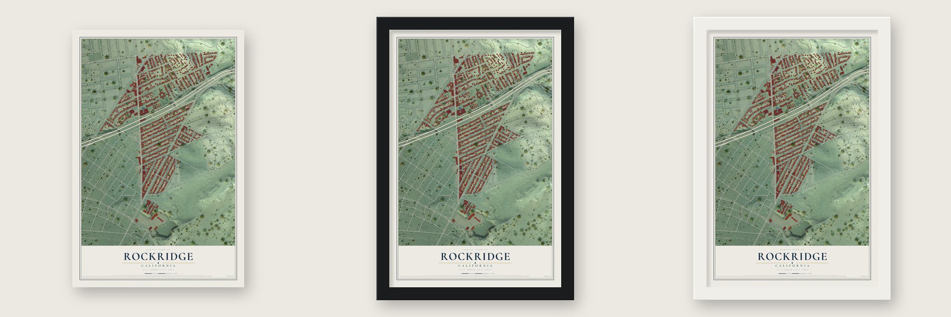 Rockridge, California map unframed, in a black wood frame and in a white wood frame
