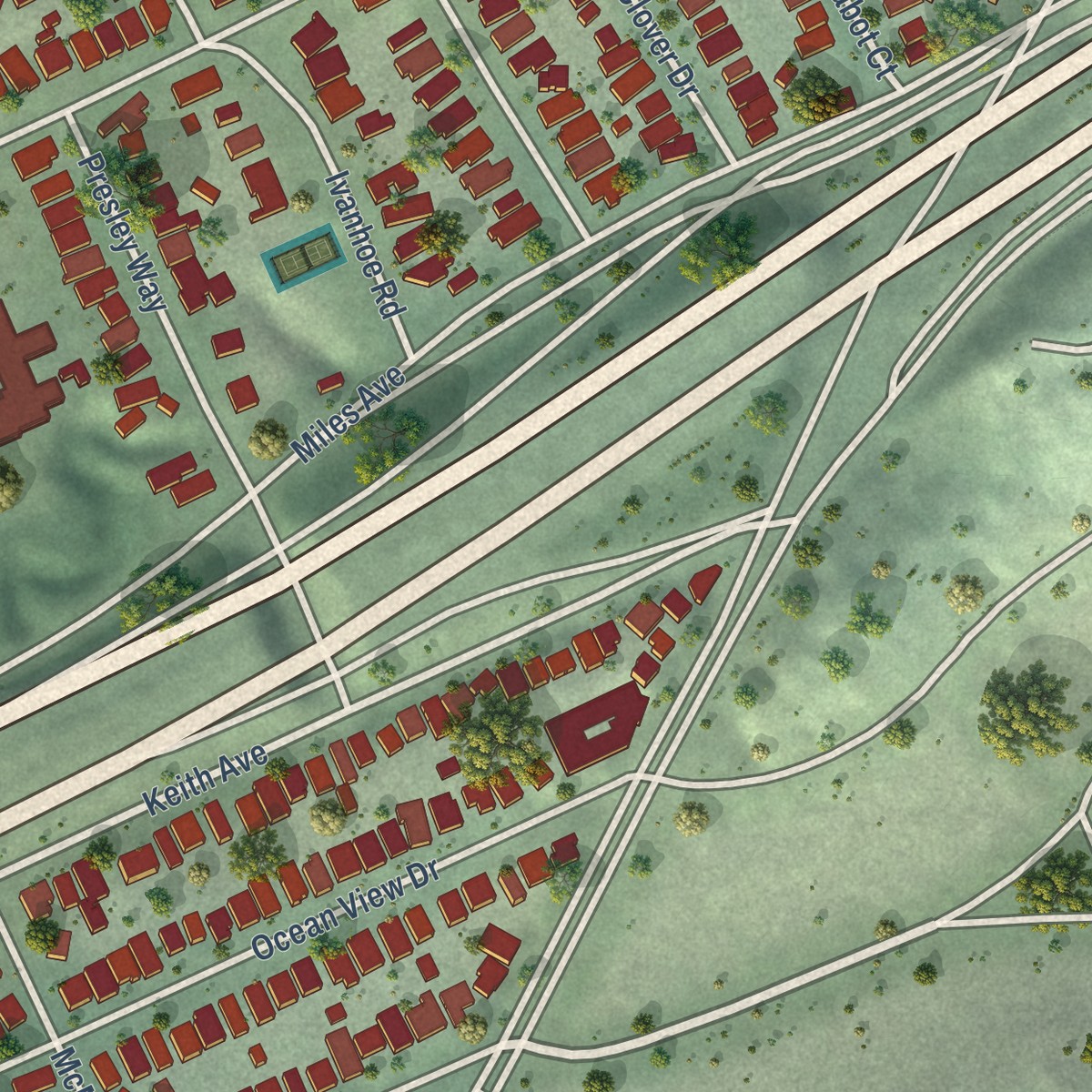 Second close-up of the map of Rockridge, California print showing more streets and buildings
