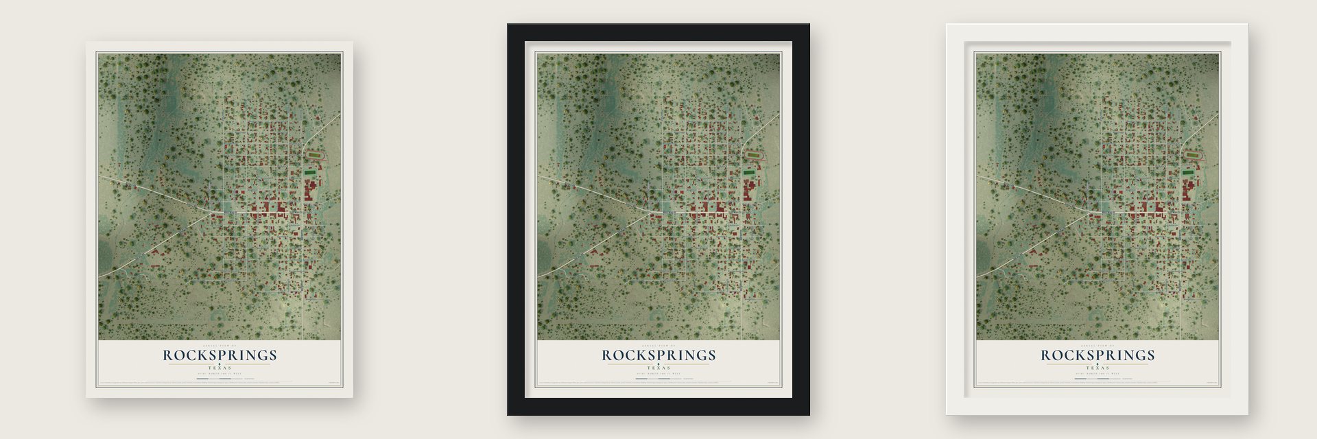 Rocksprings, Texas map unframed, in a black wood frame and in a white wood frame